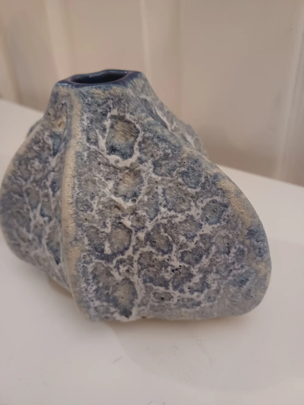 Set Of 2 Textured Brutalist Style Ceramic Vases Blue Drip Glaze Decor Rustic